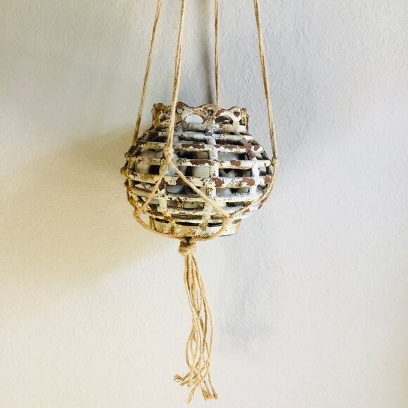Macreme plain style plant hanging with gold color hanger 40” long rustic boho - Picture 2 of 4